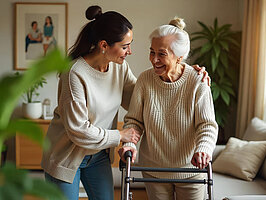 A joyful moment between a senior woman and her caregiver in a cozy living room during the afternoon, both smiling while engaging warmly with each other