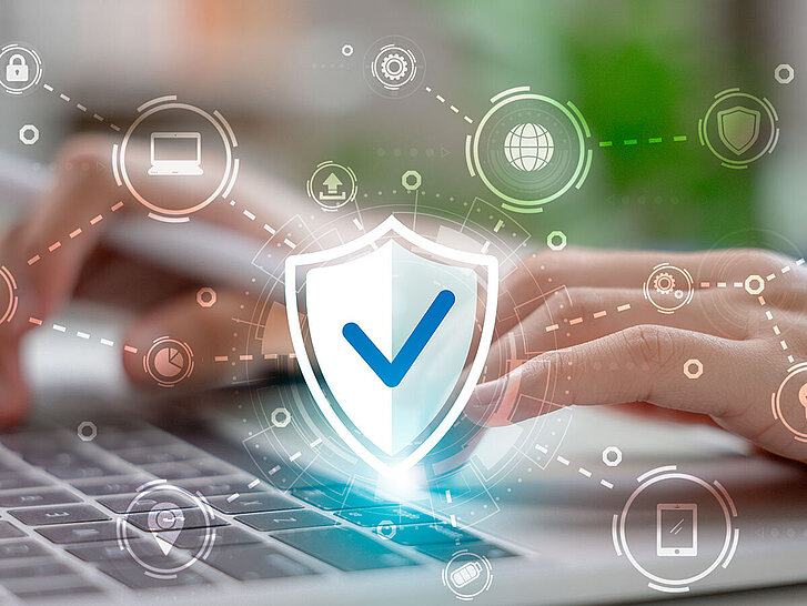 Cybersecurity concept showing secure digital network with data protection icons. User accessing internet system with privacy, encryption, and shield technology for safe online activity.